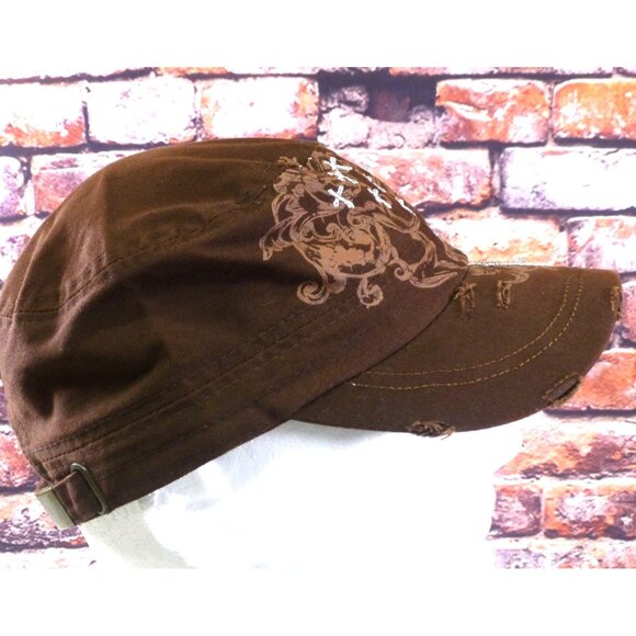 Brown Distressed Military Style Cap W/ Green Rhinestone Cross Embroidery Leader - Picture 3 of 7